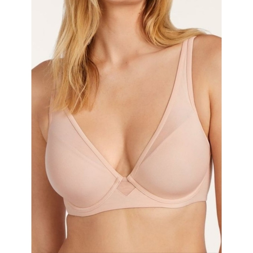 ThirdLove Bra Womens 32E 24/7 Cotton Plunge Bra Beige Nude Pima Cotton Mesh Trim